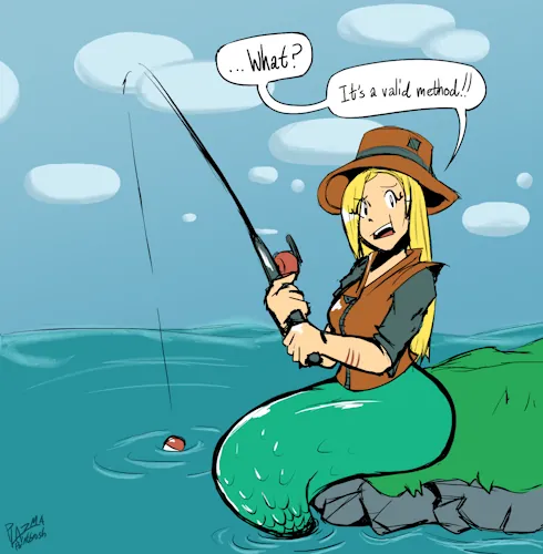 A blonde mermaid is sitting on a grassy rock, with her green bottom tail still in the water. She's wearing brown and gray fishing gear, and holding a gray fishing rod that's currently cast into the water beside her. Looking at the viewer with a mildly confused expression, as she says: 